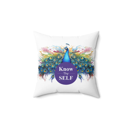 Know Thyself Peacock Square Pillow - Inspirational Home Decor