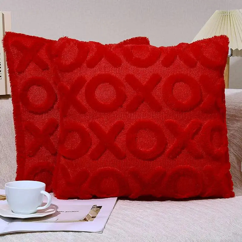 18x18 in Square Pillow Covers (Pack of 2) - Pink Embroidered Xoxo Heart Motif, Fluffy Plush, Anniversary Gift, Adds Soft Charm to Sofa and Bedroom, Bedroom-Ready Romantic Touch, Festive Home Decor Cases
