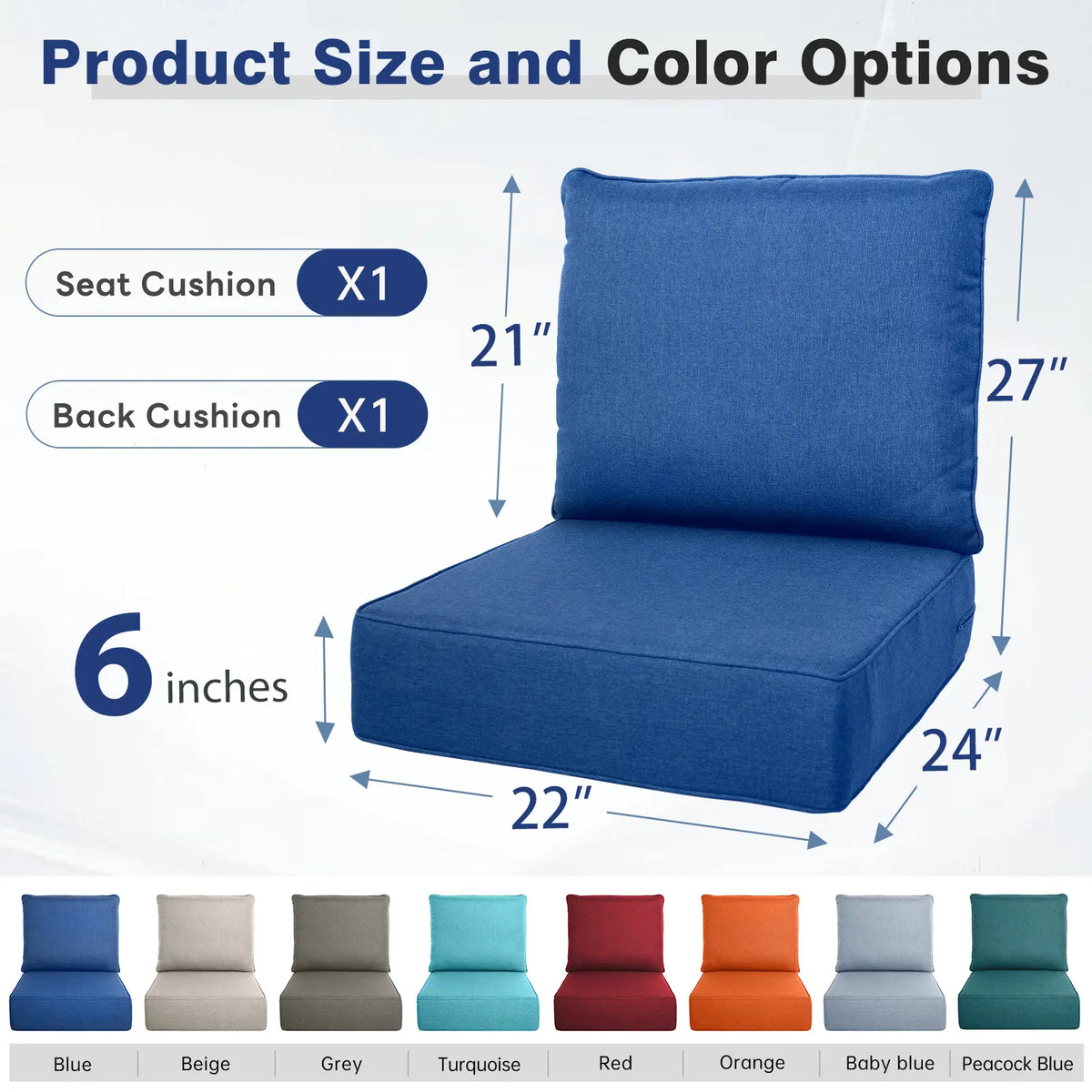 Belord Luxury 6" Thick Cushion Set - 22x24in 28D Sponge Filling, Fade-Resistant, Water-Resistant, Spill-Proof, Removable for Outdoor Chairs, Swing Lounge Cushions, Patio Set Furniture