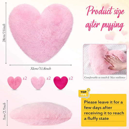 6-Pack Synthetic Faux Heart Shape Love Theme Cushions, Fluffy Home Decor Items (11.8 x 11 x 2.7 inches) - Cute Look Bright Candy Color Pillows for Bed, Sofa (Rose Red, Light Pink)