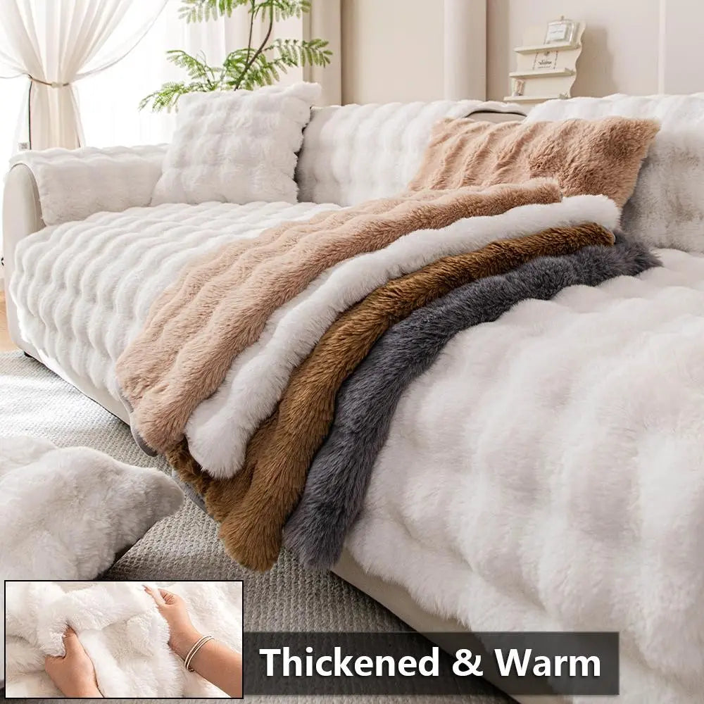 1pc Autumn Winter Faux Rabbit Fur Long Hair Sofa Cushion, Modern Luxury Thick Plush Sofa Cover for 4 Seat Couch, Pet Friendly Home Decor
