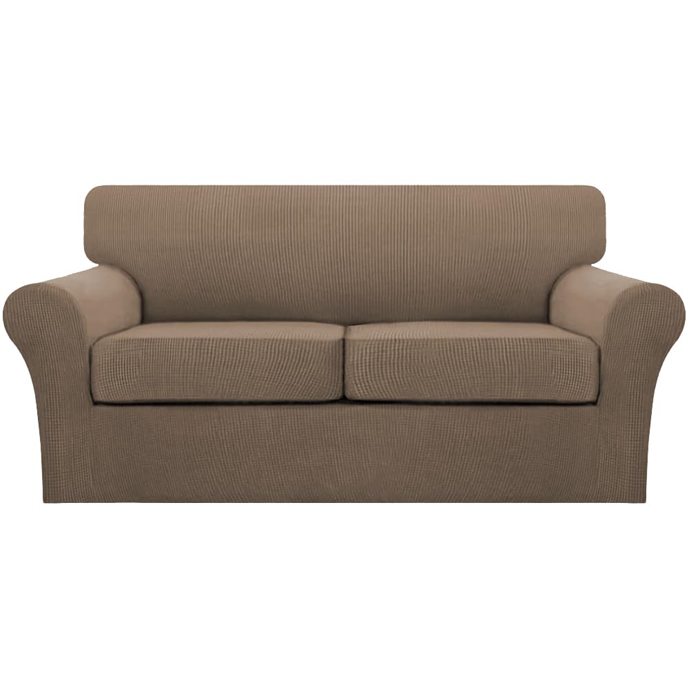 Turquoize 4 Piece Couch Cover Sofa Covers for 3 Cushion Couch Sofa Slipcovers Washable Sofa Cover for Dogs with Individual Couch Cushion Covers Feature Jacquard Fabric(3 Cushion Sofa, Biscotti Beige)