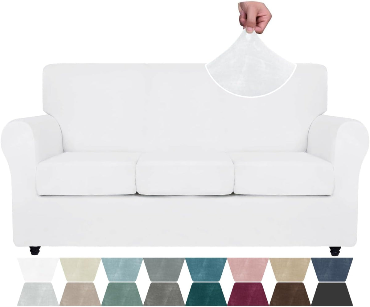 ZNSAYOTX Luxury Couch Cover 4 Piece Stretch Sofa Covers for 3 Cushion Couch Thick Soft Spandex Sofa Slipcover Living Room Anti Slip Dogs Pet Furnitre Protector (White, Sofa)