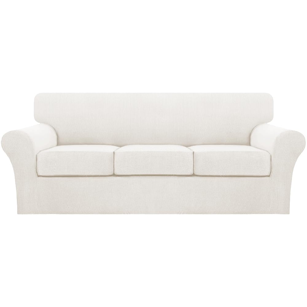 Turquoize 4 Piece Couch Cover Sofa Covers for 3 Cushion Couch Sofa Slipcovers Washable Sofa Cover for Dogs with Individual Couch Cushion Covers Feature Jacquard Fabric(3 Cushion Sofa, Biscotti Beige)