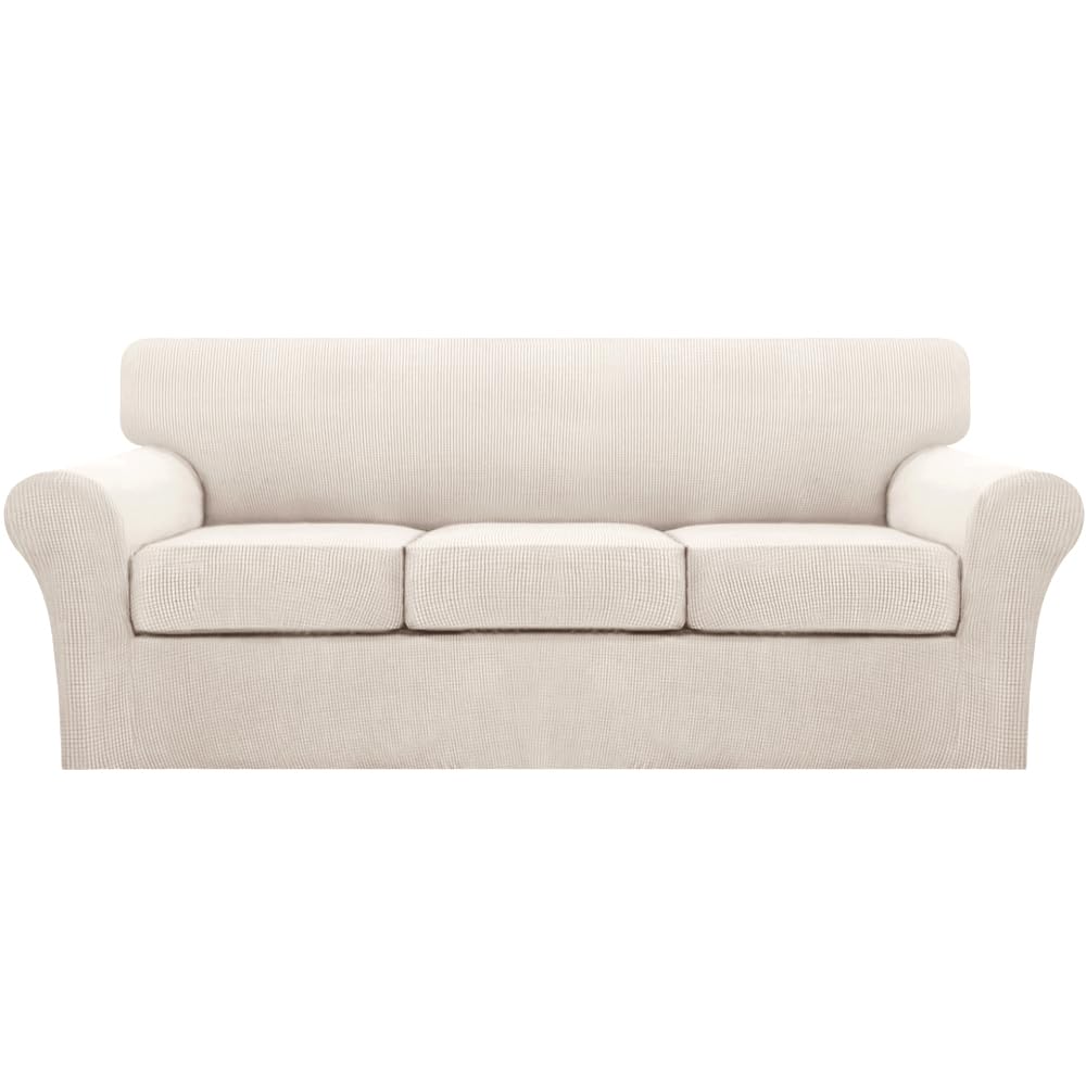 Turquoize 4 Piece Couch Cover Sofa Covers for 3 Cushion Couch Sofa Slipcovers Washable Sofa Cover for Dogs with Individual Couch Cushion Covers Feature Jacquard Fabric(3 Cushion Sofa, Biscotti Beige)