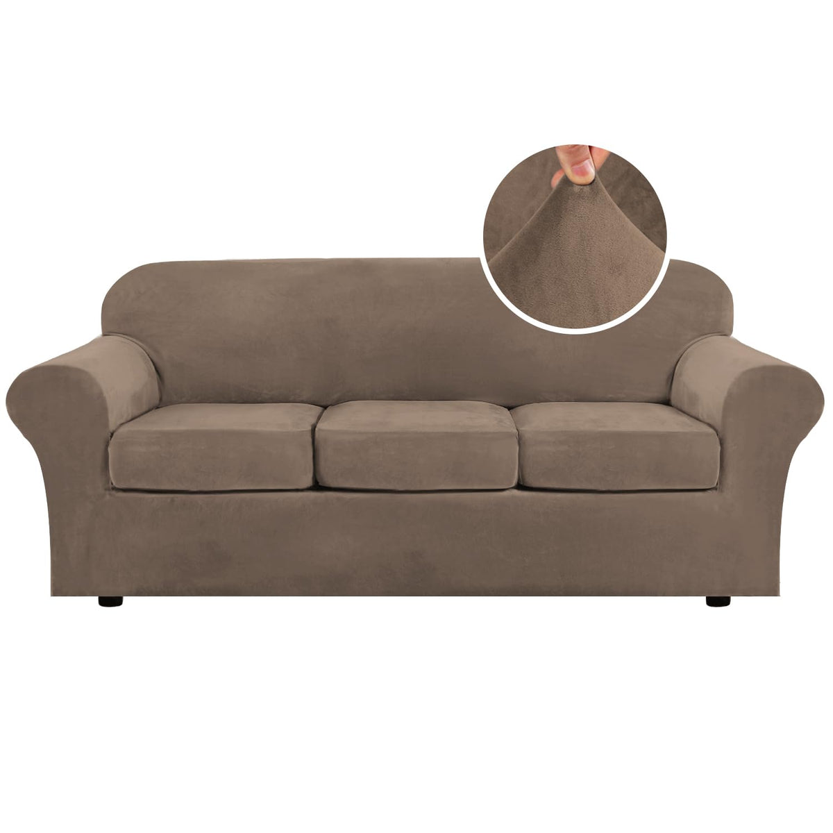 H.VERSAILTEX Modern Velvet Plush 4 Piece High Stretch Sofa Slipcover Furniture Protector Form Fit Luxury Thick Sofa Cover for 3 Cushion Couch, Machine Washable Width Up to 90 Inch(Sofa,Ivory)