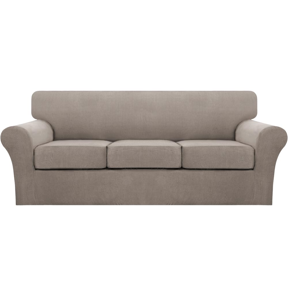 Turquoize 4 Piece Couch Cover Sofa Covers for 3 Cushion Couch Sofa Slipcovers Washable Sofa Cover for Dogs with Individual Couch Cushion Covers Feature Jacquard Fabric(3 Cushion Sofa, Biscotti Beige)