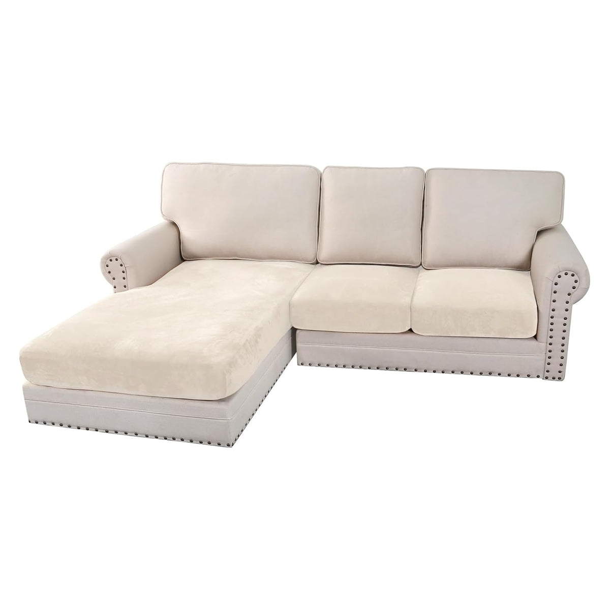 H.VERSAILTEX Velvet Stretch Couch Cushion Cover Plush Cushion Slipcover for Chair Loveseat Sofa Cushion Furniture Protector Seat Cushion Sofa Cover (2 Piece Large Sofa Cushion Covers, Ivory)