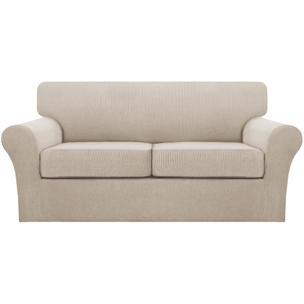 Turquoize 4 Piece Couch Cover Sofa Covers for 3 Cushion Couch Sofa Slipcovers Washable Sofa Cover for Dogs with Individual Couch Cushion Covers Feature Jacquard Fabric(3 Cushion Sofa, Biscotti Beige)