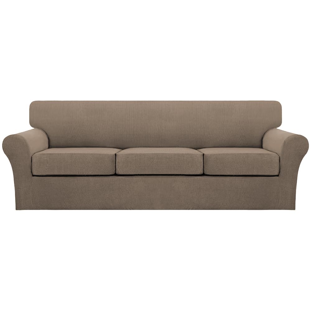 Turquoize 4 Piece Couch Cover Sofa Covers for 3 Cushion Couch Sofa Slipcovers Washable Sofa Cover for Dogs with Individual Couch Cushion Covers Feature Jacquard Fabric(3 Cushion Sofa, Biscotti Beige)