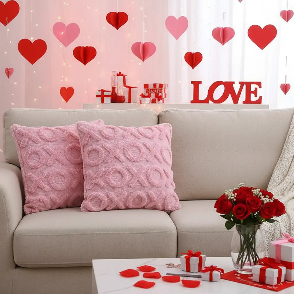 18x18 in Square Pillow Covers (Pack of 2) - Pink Embroidered Xoxo Heart Motif, Fluffy Plush, Anniversary Gift, Adds Soft Charm to Sofa and Bedroom, Bedroom-Ready Romantic Touch, Festive Home Decor Cases