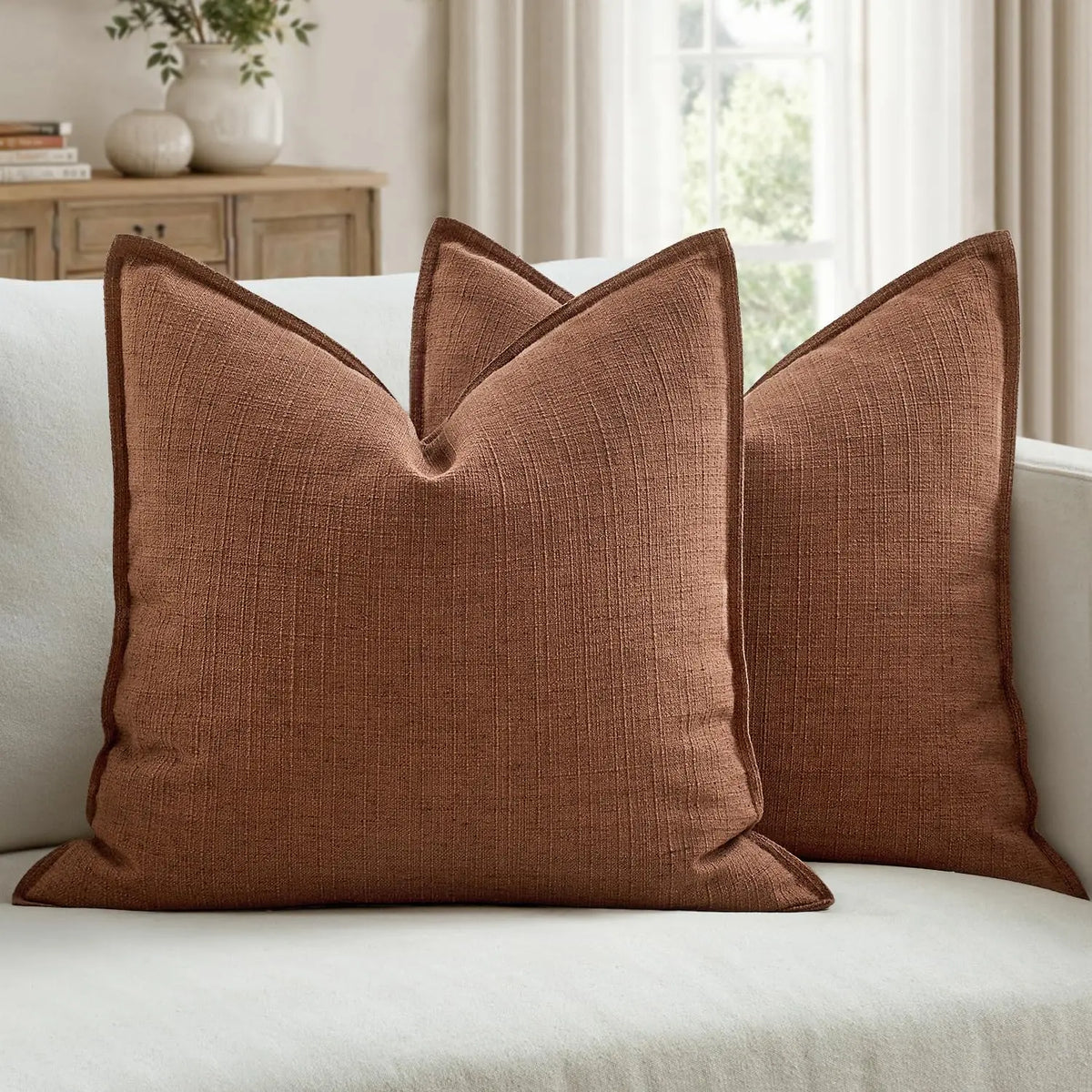 2-Pack 26x26 Natural Linen Euro Sham Pillow Covers - Thick Textured Cushion Slipcovers with Hidden Smooth Zipper, Machine Washable, Luxurious Hotel-Style Look for Modern Farmhouse Bed Decor, Neutral Household Textile Accessories