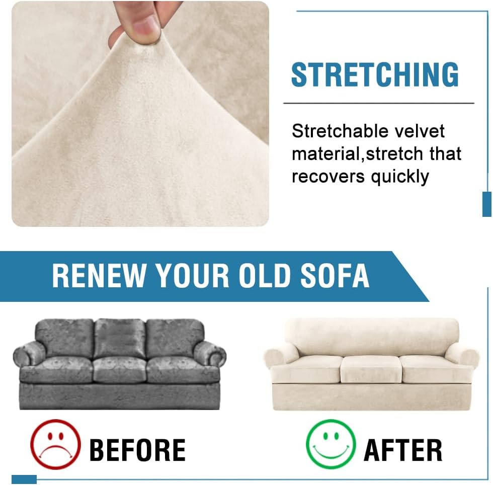 H.VERSAILTEX Sofa Cover 4 Piece T Cushion Sofa Slipcovers Couch Cover Furniture Protector Stretch T Cushion Sofa Covers for 3 Cushion Couch with 3 Individual T Cushion Covers, Ivory