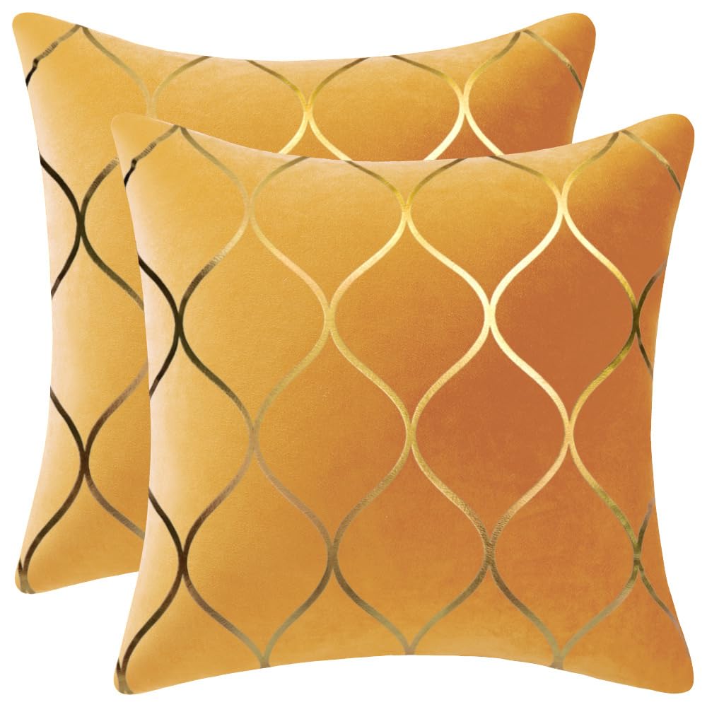 DEZENE Gold Velvet Throw Pillow Covers: 2 Pack 18x18 Inch Square Decorative Pillow Cases for Bedroom Sofa Couch Living Room, Light Grey