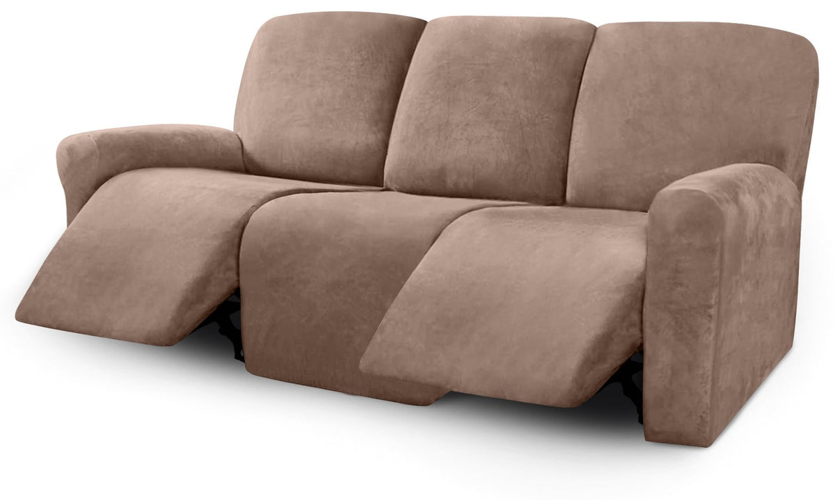 ULTICOR Velvet 8-Pieces Recliner Sofa Covers Stretch Reclining Couch Covers for 3 Cushion Reclining Sofa Slipcovers Furniture Covers Thick Soft Washable (3 Seater Recliner Cover, Taupe)