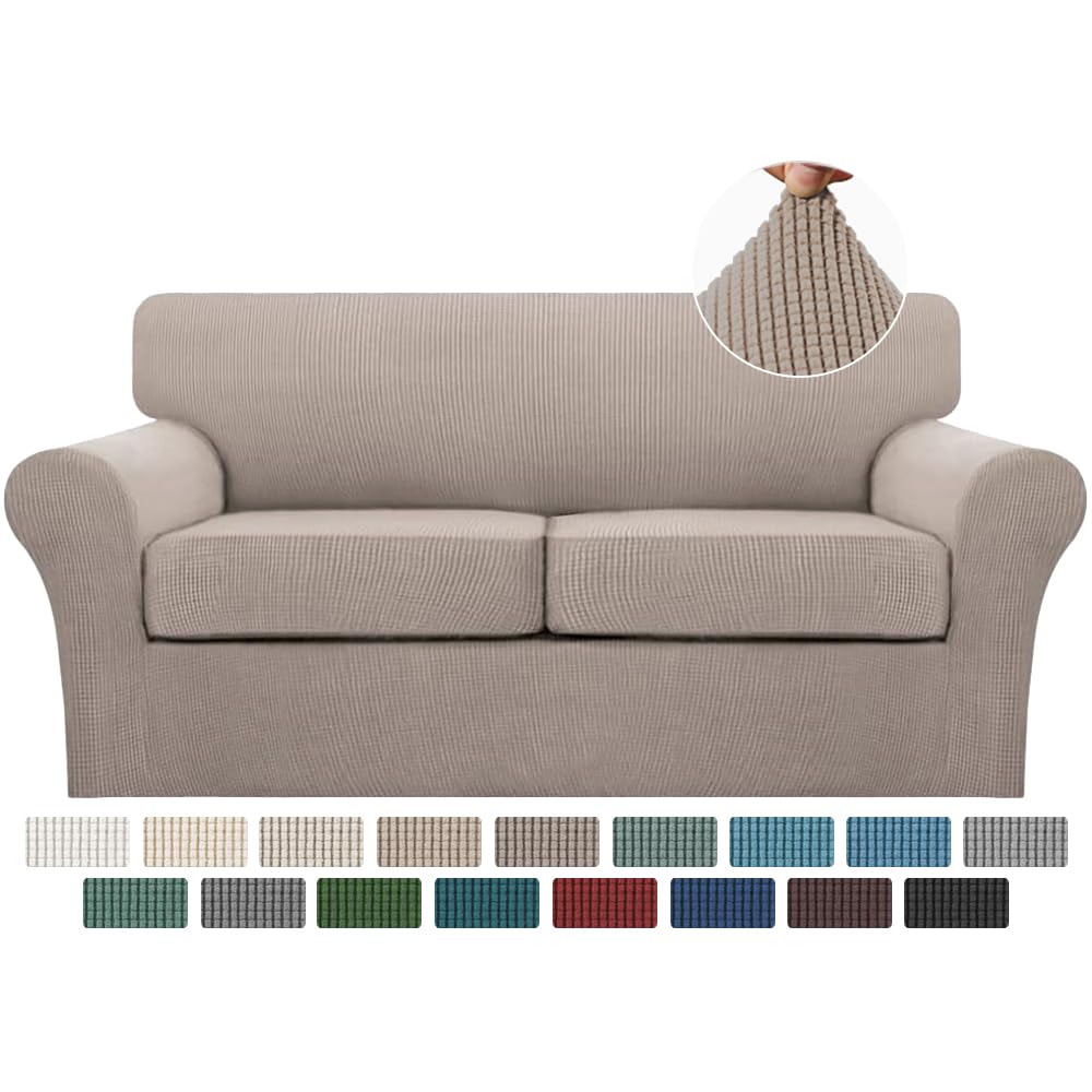Turquoize 4 Piece Couch Cover Sofa Covers for 3 Cushion Couch Sofa Slipcovers Washable Sofa Cover for Dogs with Individual Couch Cushion Covers Feature Jacquard Fabric(3 Cushion Sofa, Biscotti Beige)