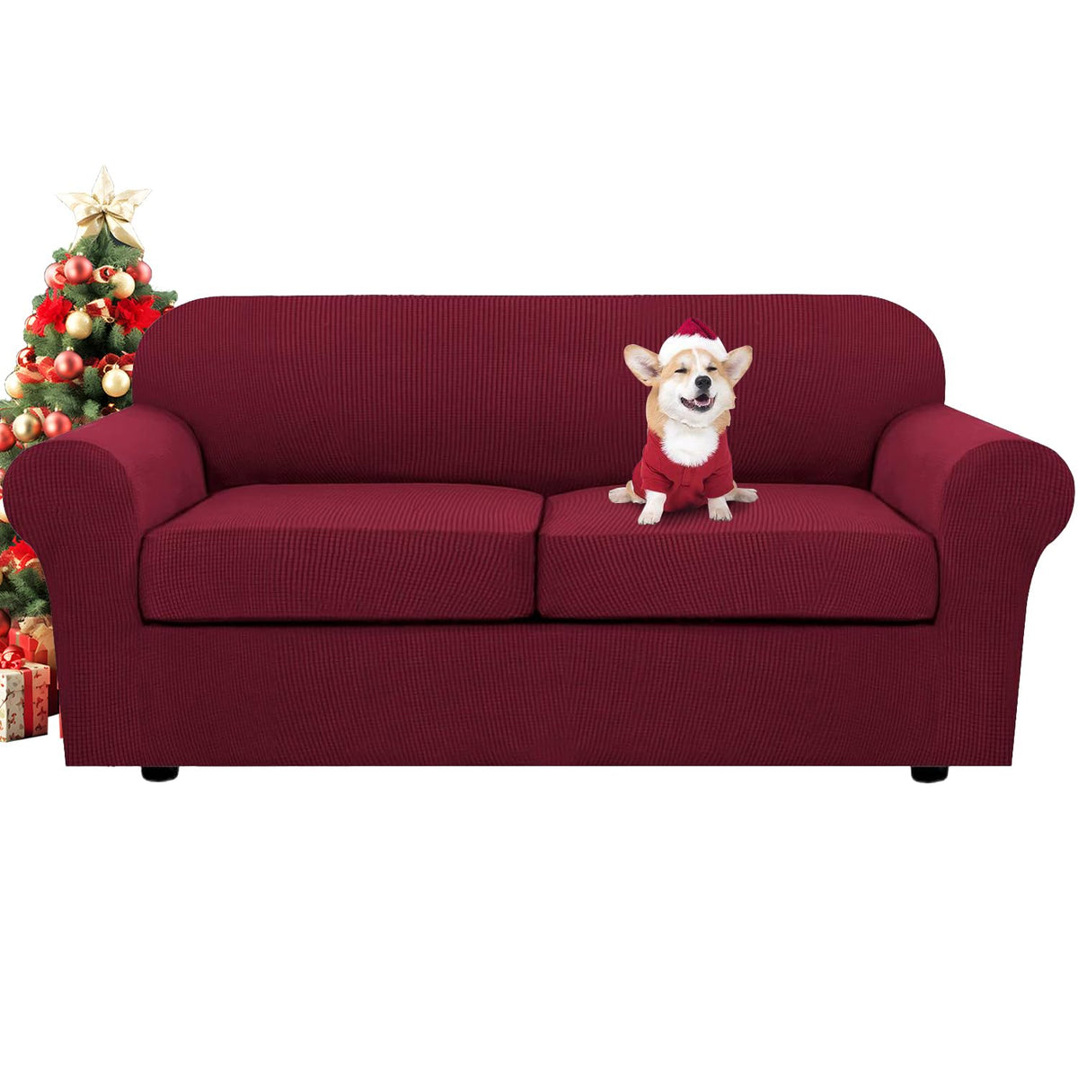 H.VERSAILTEX 4 Piece Stretch Sofa Covers for 3 Cushion Couch Covers for Living Room Slipcovers (Base Cover Plus 3 Seat Cushion Covers) Upgraded Thicker Jacquard Fabric (Sofa, Sand)