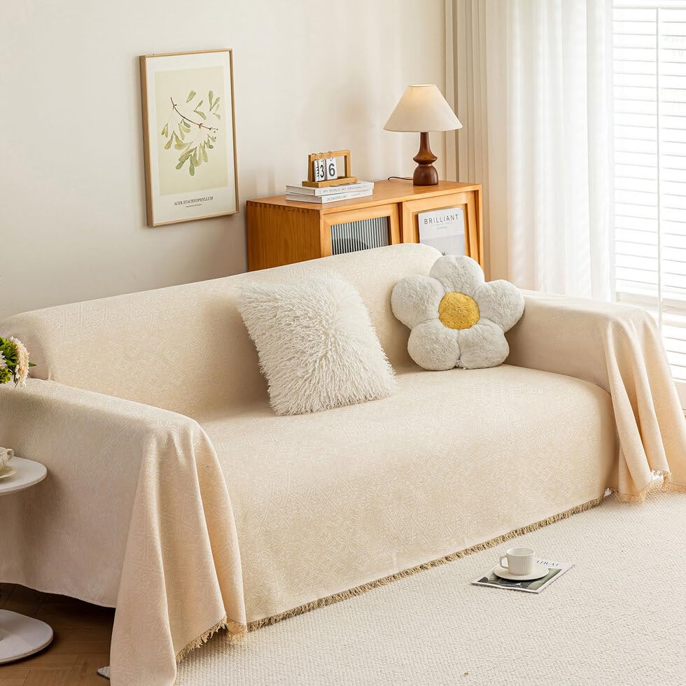 ROOMLIFE Thicked Striped Couch Cover with Tassel Blue Chenille Sofa Cover Blanket for Sectional Sofa, Soft Sofa Slipcovers for L Shaped Love Seat 2-3 Cushion Couch Anti Slip Sofa Protector, 71"x118"