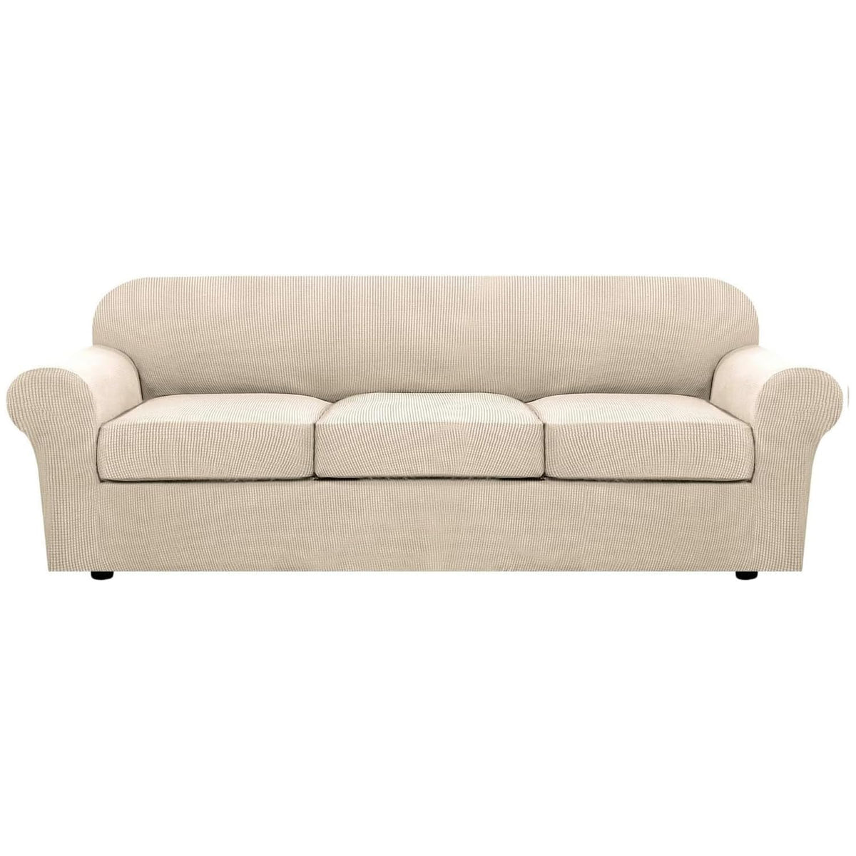 H.VERSAILTEX 4 Piece Stretch Sofa Covers for 3 Cushion Couch Covers for Living Room Slipcovers (Base Cover Plus 3 Seat Cushion Covers) Upgraded Thicker Jacquard Fabric (Sofa, Sand)