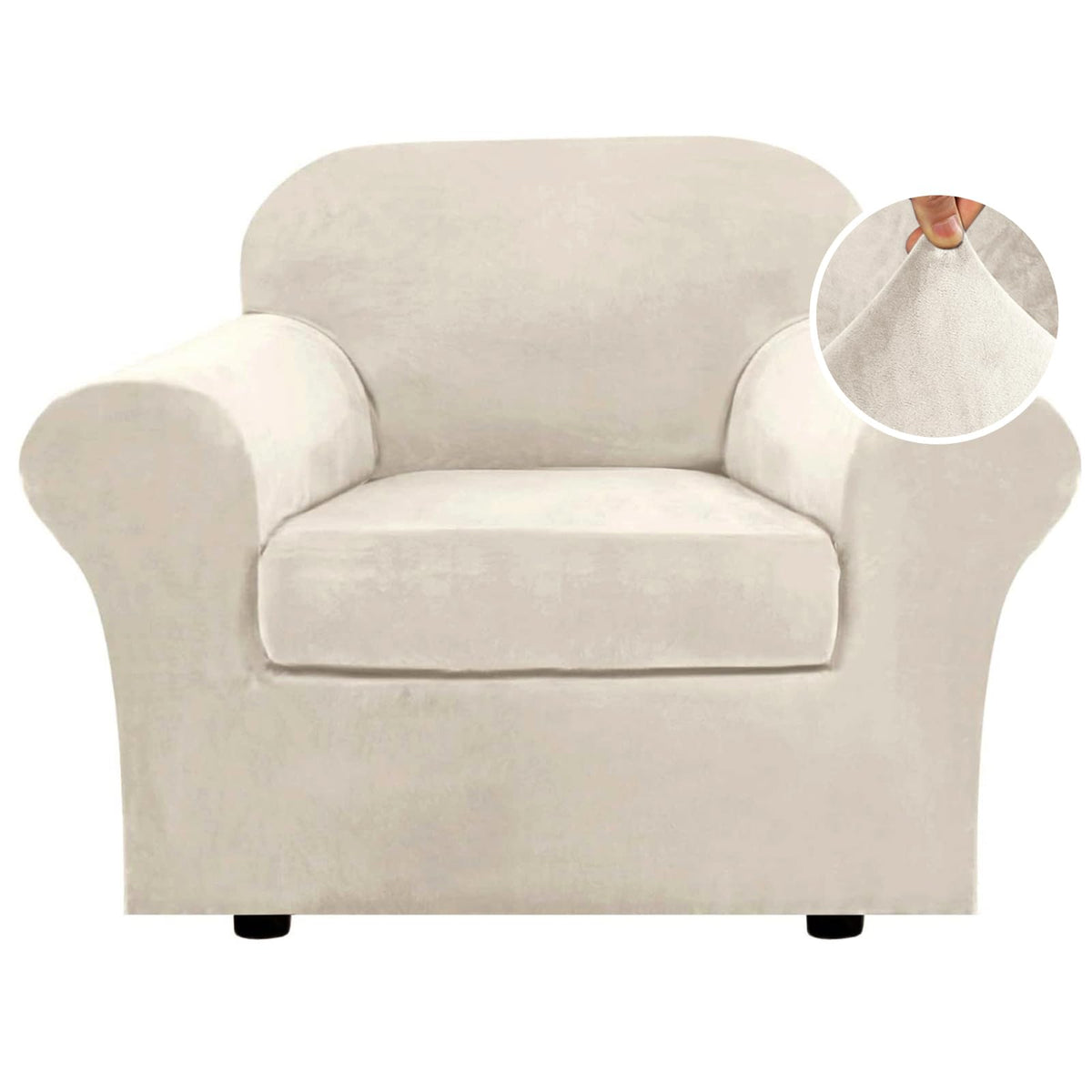 H.VERSAILTEX Modern Velvet Plush 4 Piece High Stretch Sofa Slipcover Furniture Protector Form Fit Luxury Thick Sofa Cover for 3 Cushion Couch, Machine Washable Width Up to 90 Inch(Sofa,Ivory)