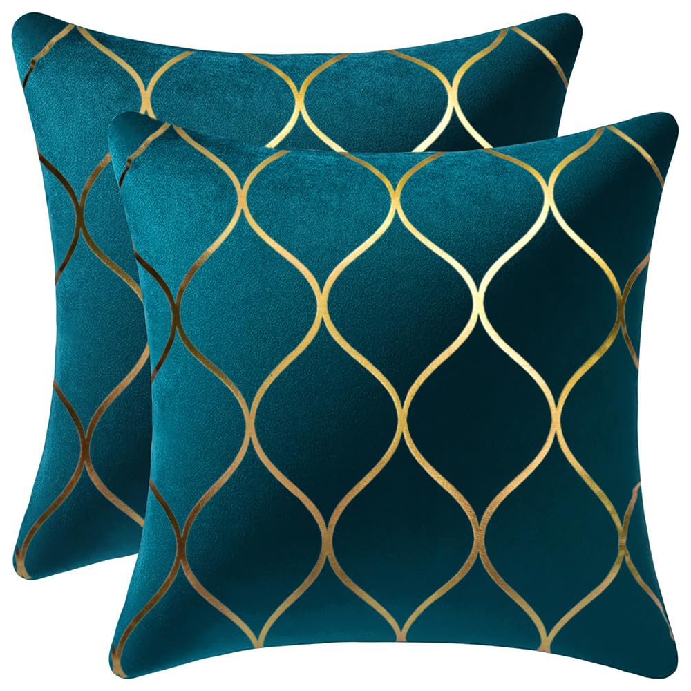 DEZENE Gold Velvet Throw Pillow Covers: 2 Pack 18x18 Inch Square Decorative Pillow Cases for Bedroom Sofa Couch Living Room, Light Grey