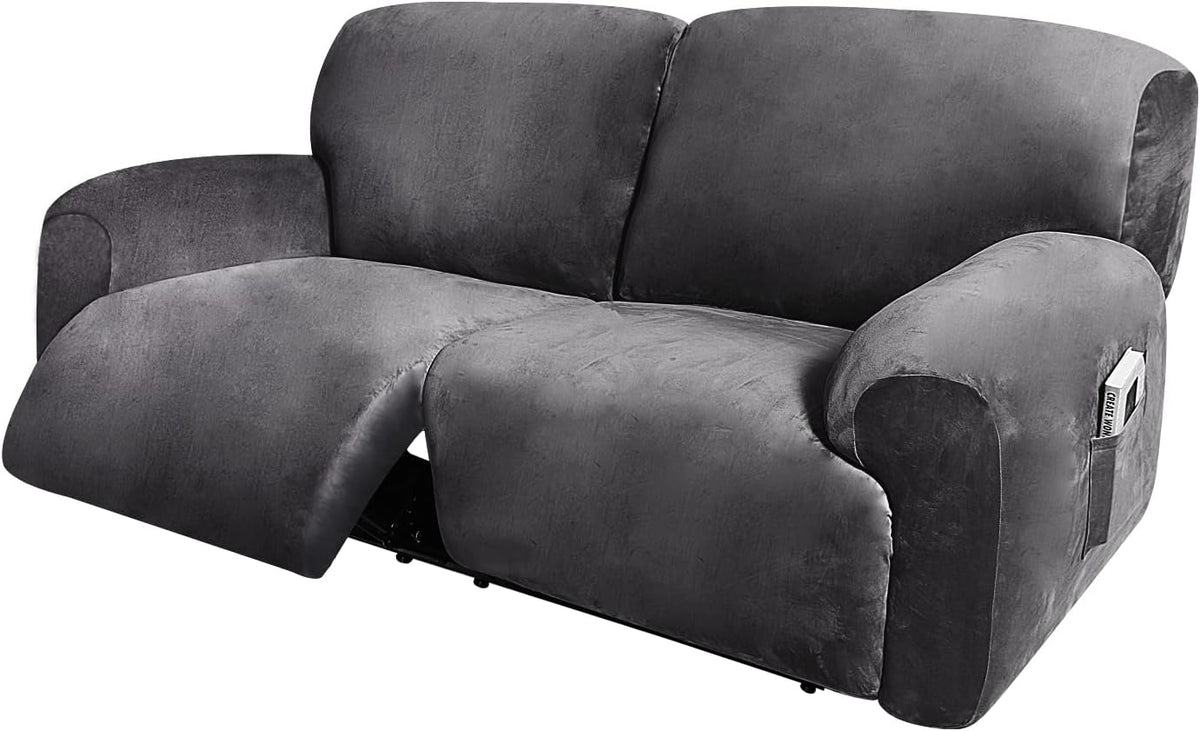 ULTICOR Extra Wide 75-100" 2 Seater Reclining Sofa Slipcover, Velvet Stretch 6-Piece, Soft Washable (Dark Grey)