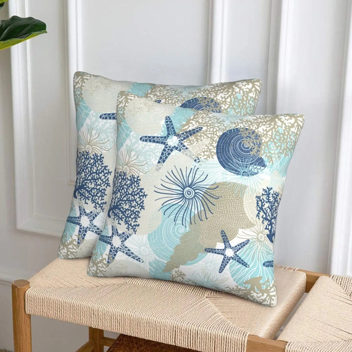 Polyester Blend Ocean Beach Seashell Starfish Themed Throw Pillow Covers (18in x 18in) - Set of 2, Elegant, Lightweight, Durable, Double-Sided Full Print, Hidden Zipper, Machine Washable, Easy Insert, Soft Cushion Covers for Sofa, Room Decor, Machine Wash