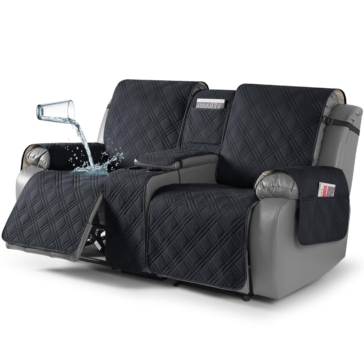 TAOCOCO Loveseat Recliner Cover with Center Console, 100% Waterproof Pet Cover for Dual Recliner with Straps Design, Split Reclining Loveseat Covers Furniture Pet&Kids Protector (2 Seater, Chocolate)