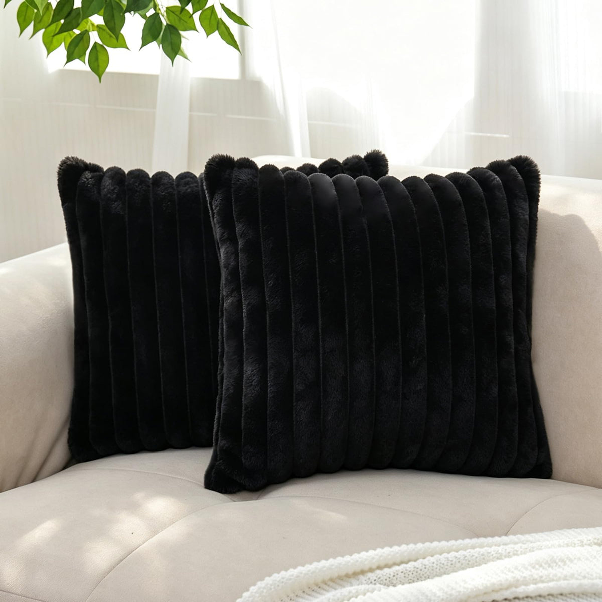 Pack of 2 Faux Fur Striped Decorative Throw Pillow Covers, Square Striped Cushion Covers, Modern Farmhouse Style Home Decor, Suitable for Living Room Sofas and Sofa Beds(Beige, 18" x 18")
