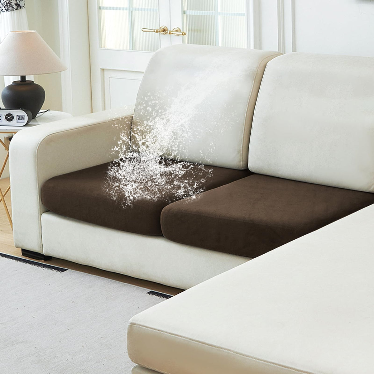 NAISI Waterproof Couch Cushion Covers Thick Velvet Fabric Washable Sofa Slipcovers Sectional Couch Covers for 4 Pieces Separate L Shape Couch Cover with Elastic Bottom(3 Seater + 1 Chaise,Grey)