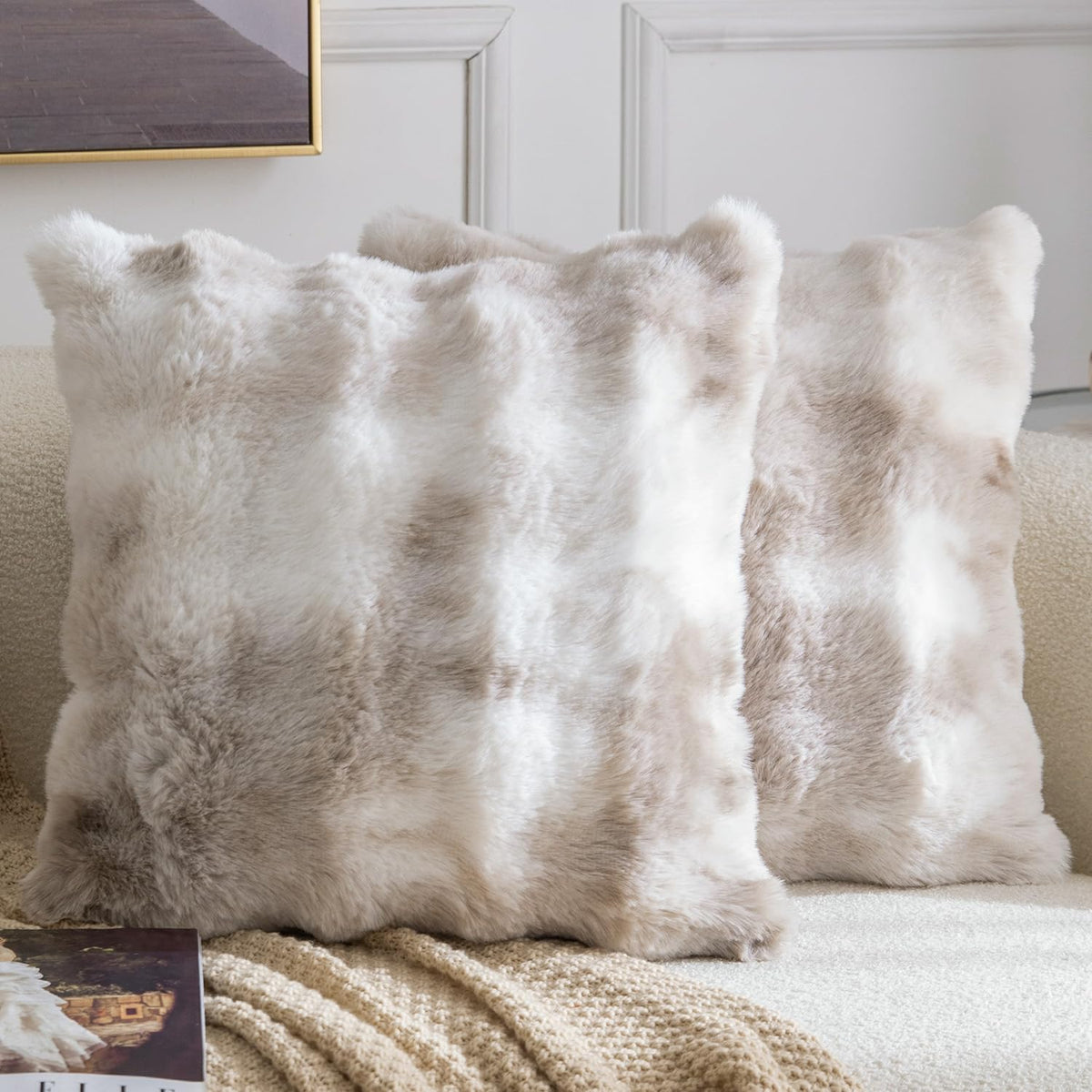 MADIZZ Pack of 2 Thick Plush Faux Wool Throw Pillow Covers Soft Boho Throw Pillows Luxurious Cushion Covers for Couch Sofa Bedroom Living Room Home Decor 18x18 Inch Cream