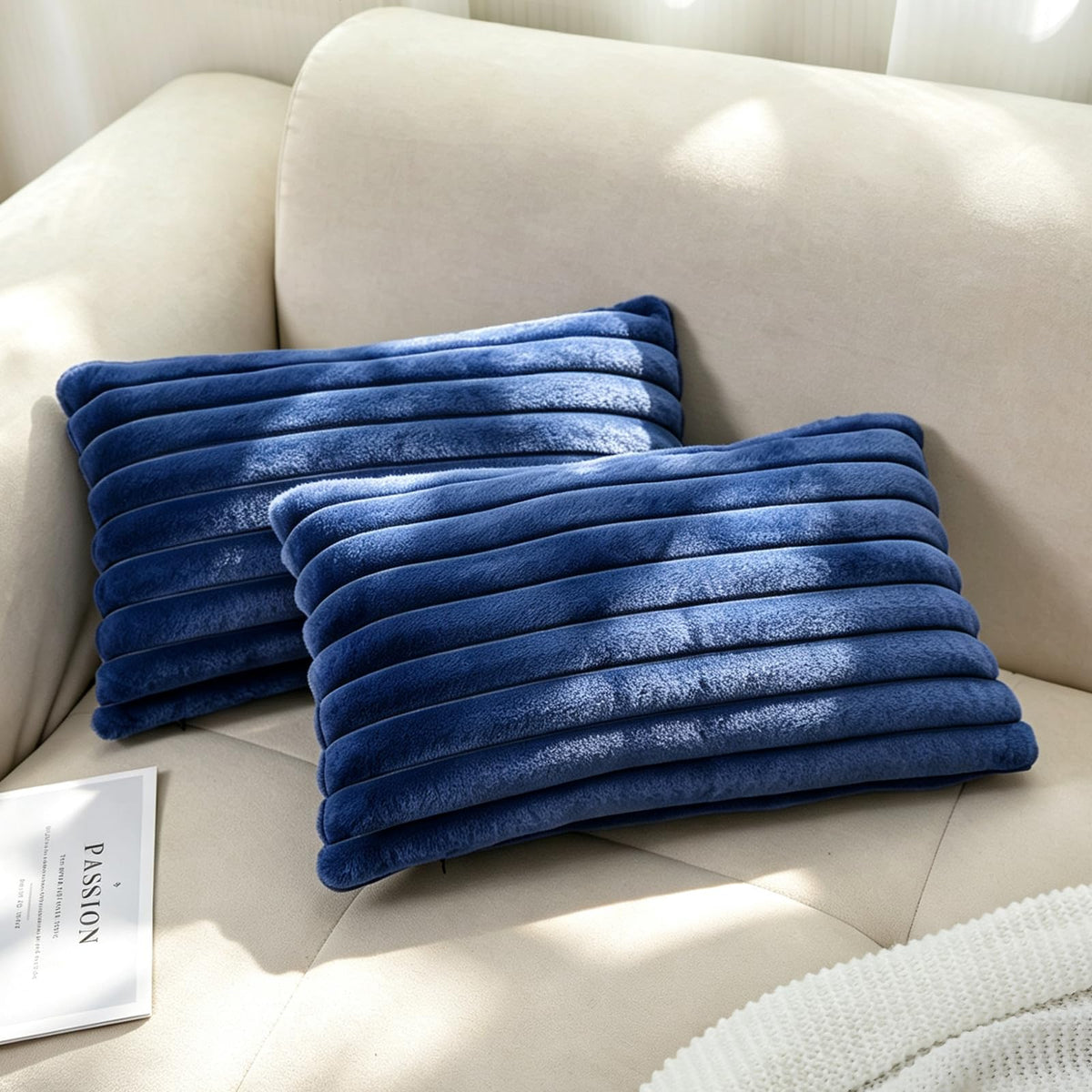 Pack of 2 Faux Fur Striped Decorative Throw Pillow Covers, Square Striped Cushion Covers, Modern Farmhouse Style Home Decor, Suitable for Living Room Sofas and Sofa Beds(Beige, 18" x 18")