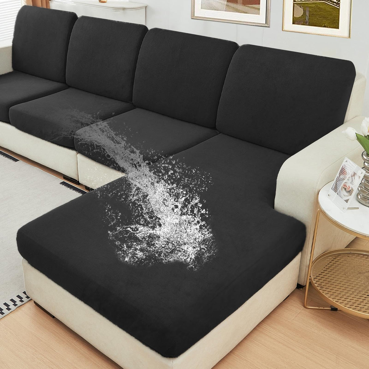 NAISI Waterproof Couch Cushion Covers Thick Velvet Fabric Washable Sofa Slipcovers Sectional Couch Covers for 4 Pieces Separate L Shape Couch Cover with Elastic Bottom(3 Seater + 1 Chaise,Grey)