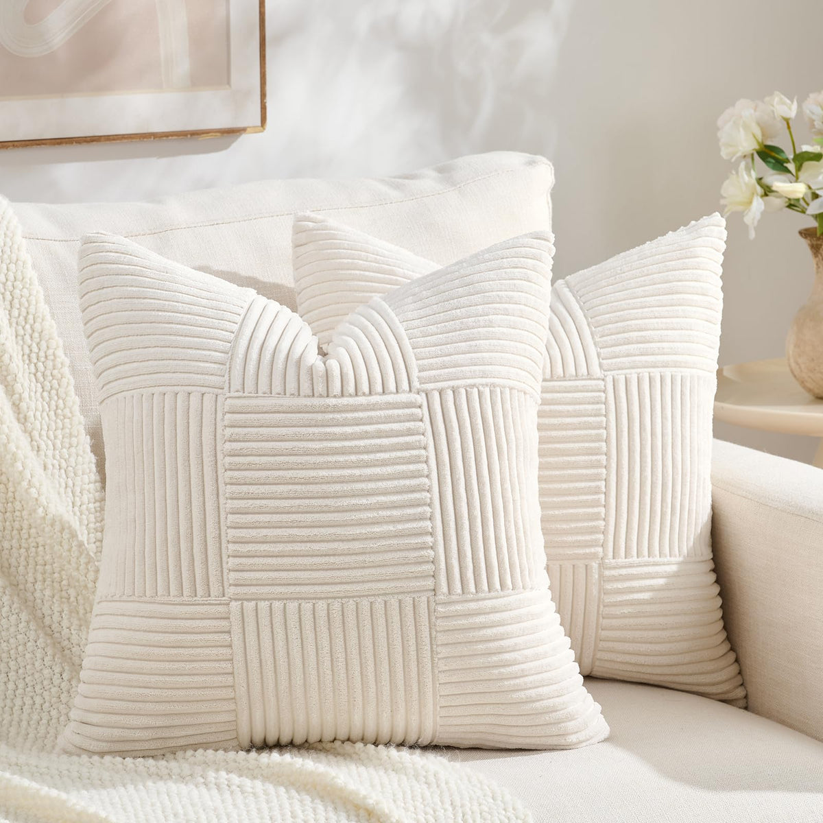 Fancy Homi Set of 2 Dark Gray Boho Decorative Throw Pillow Covers 18x18 Inch for Living Room Bedroom Couch Bed Sofa, Modern Farmhouse Home Decor, Soft Striped Plaid Corduroy Accent Cushion Case