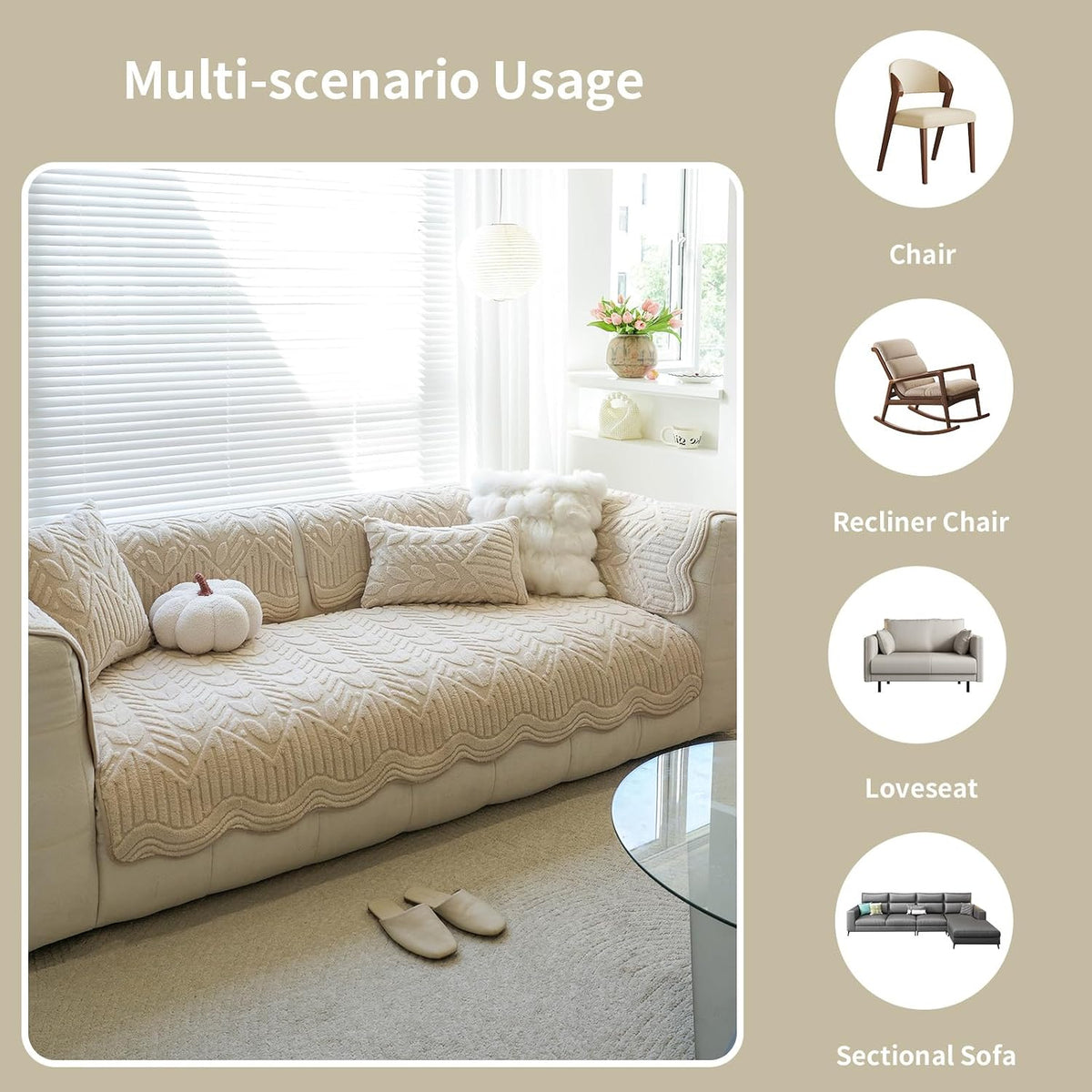 Couch Covers for Sofa, Plush Sofa Cover Washable, Geometric Jacquard Sofa Slipcovers, Non-Slip Couch Cover, Warm Couch Slipcover Furniture Protector for Kids, Pets (1PC,Khaki,36"×83")