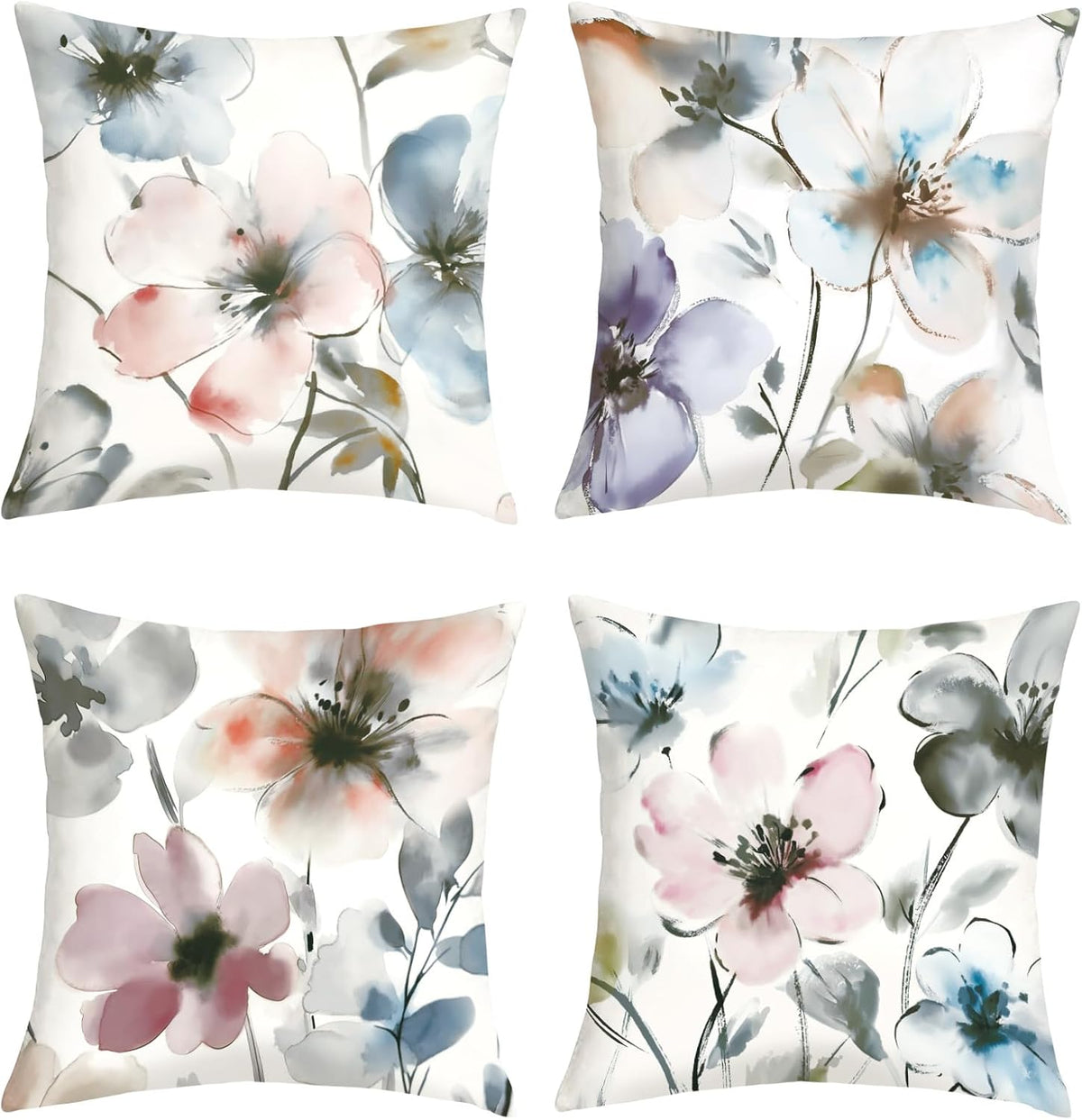 18x18 Set of 4 Watercolor Flower Throw Pillow Cushion Covers