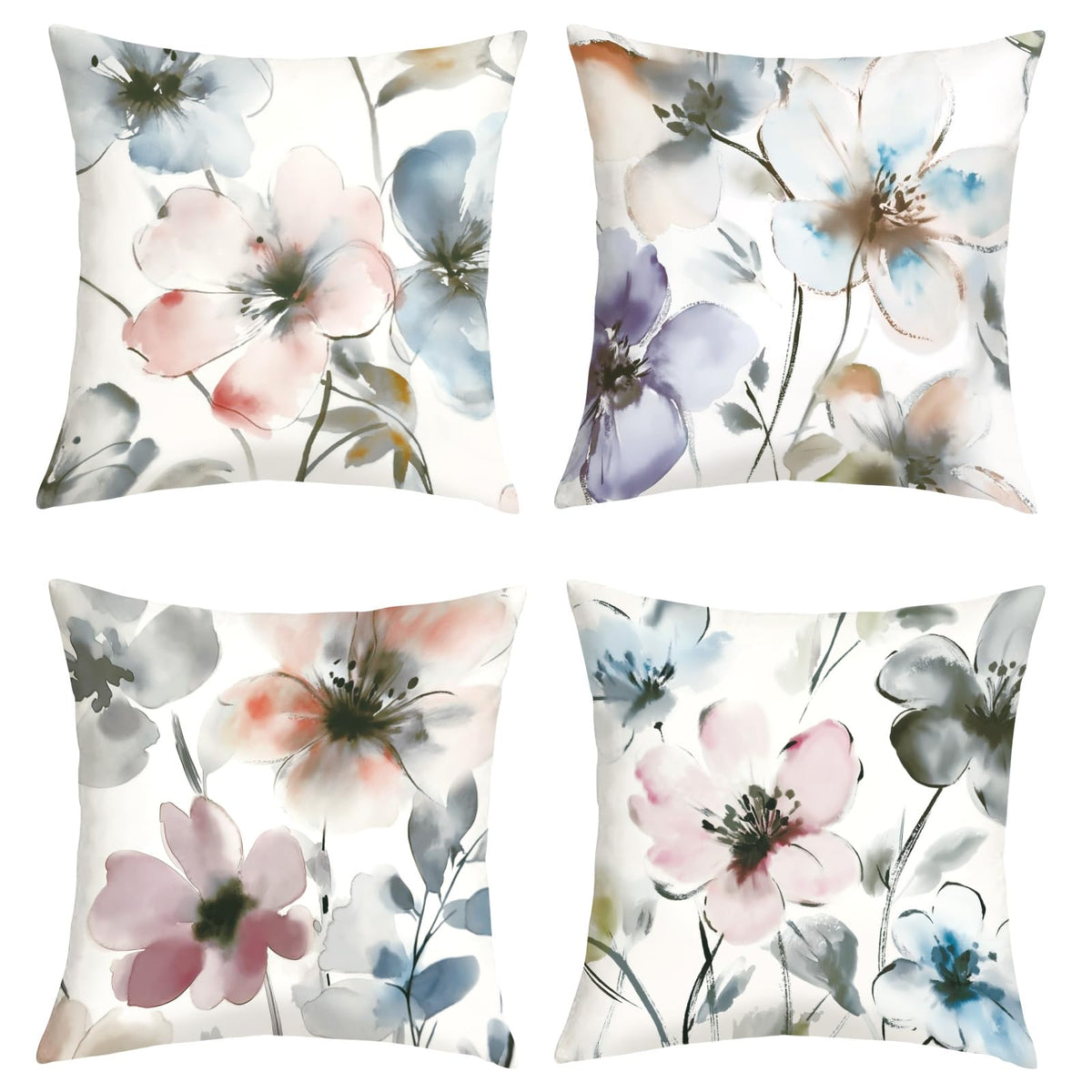 18x18 Set of 4 Watercolor Flower Throw Pillow Cushion Covers