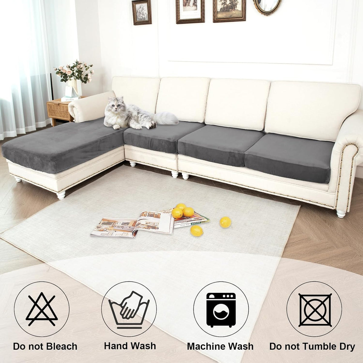 NAISI Waterproof Couch Cushion Covers Thick Velvet Fabric Washable Sofa Slipcovers Sectional Couch Covers for 4 Pieces Separate L Shape Couch Cover with Elastic Bottom(3 Seater + 1 Chaise,Grey)