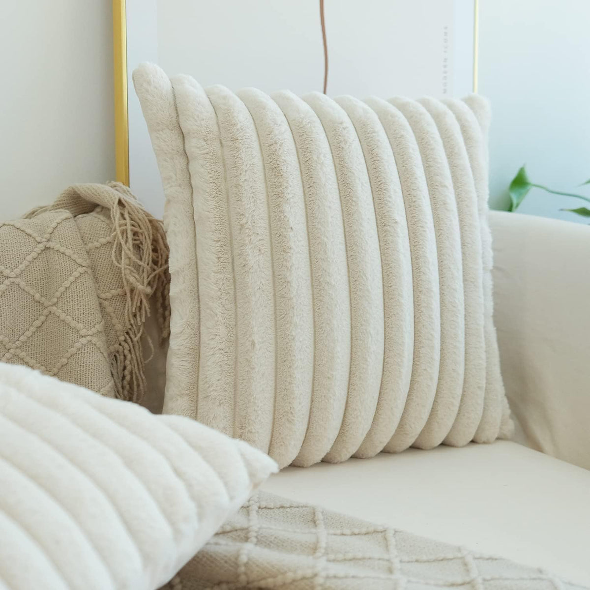 JOJUSIS Faux Fur Plush Throw Pillow Covers, Beige, 18 x 18-Inch