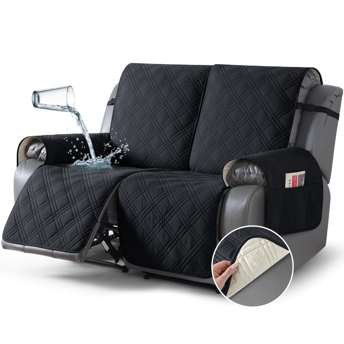 TAOCOCO 100% Waterproof Recliner Sofa Cover Non Slip Couch Cover for 3 Seat Reclining Sofa, Split Reclining Couch Covers 3-Piece with Straps, Washable Sofa Slipcover for Kids Pets(3 Seater, Chocolate)