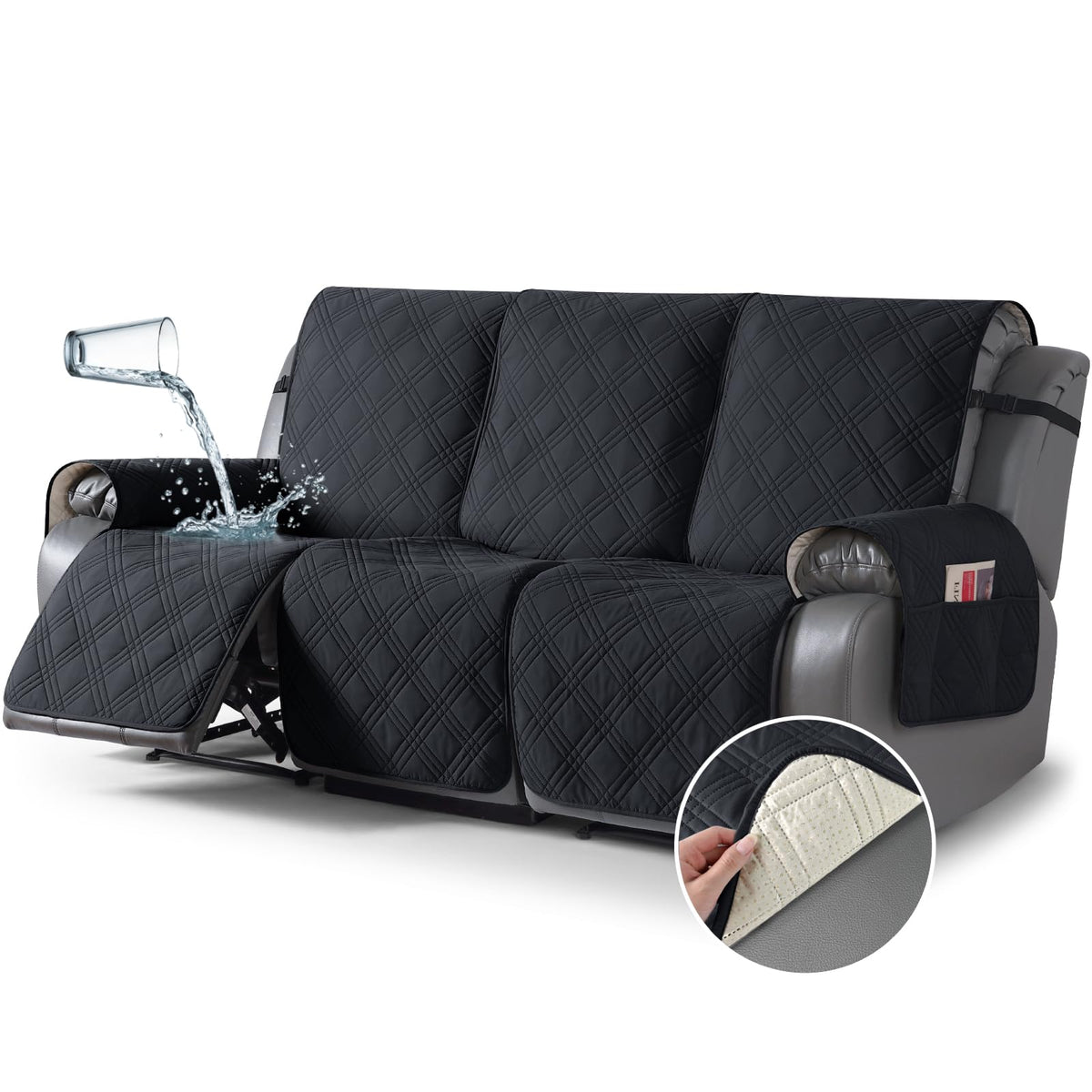 TAOCOCO 100% Waterproof Recliner Sofa Cover Non Slip Couch Cover for 3 Seat Reclining Sofa, Split Reclining Couch Covers 3-Piece with Straps, Washable Sofa Slipcover for Kids Pets(3 Seater, Chocolate)