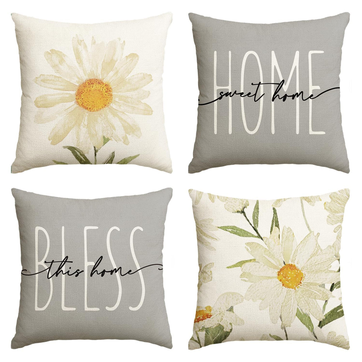AVOIN colorlife Home Sweet Home Spring Summer Flowers Throw Pillow Covers, 18 x 18 Inch Grey Cushion Case for Sofa Couch Set of 4