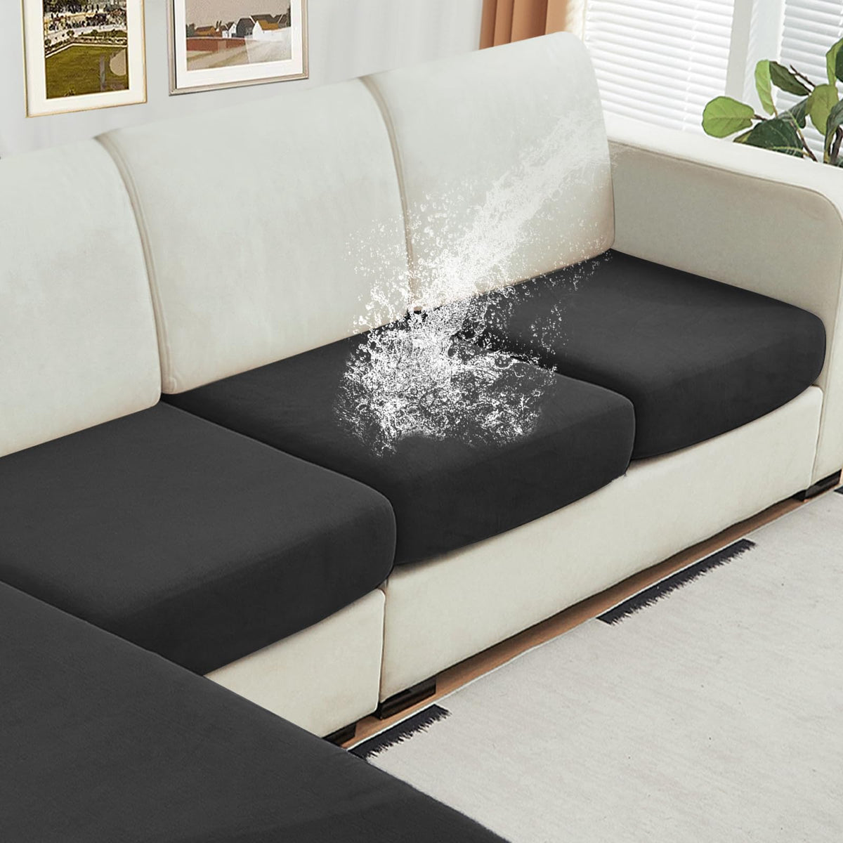 NAISI Waterproof Couch Cushion Covers Thick Velvet Fabric Washable Sofa Slipcovers Sectional Couch Covers for 4 Pieces Separate L Shape Couch Cover with Elastic Bottom(3 Seater + 1 Chaise,Grey)