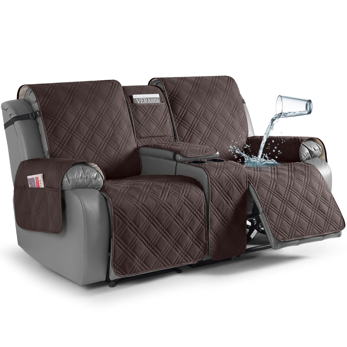 TAOCOCO Loveseat Recliner Cover with Center Console, 100% Waterproof Pet Cover for Dual Recliner with Straps Design, Split Reclining Loveseat Covers Furniture Pet&Kids Protector (2 Seater, Chocolate)