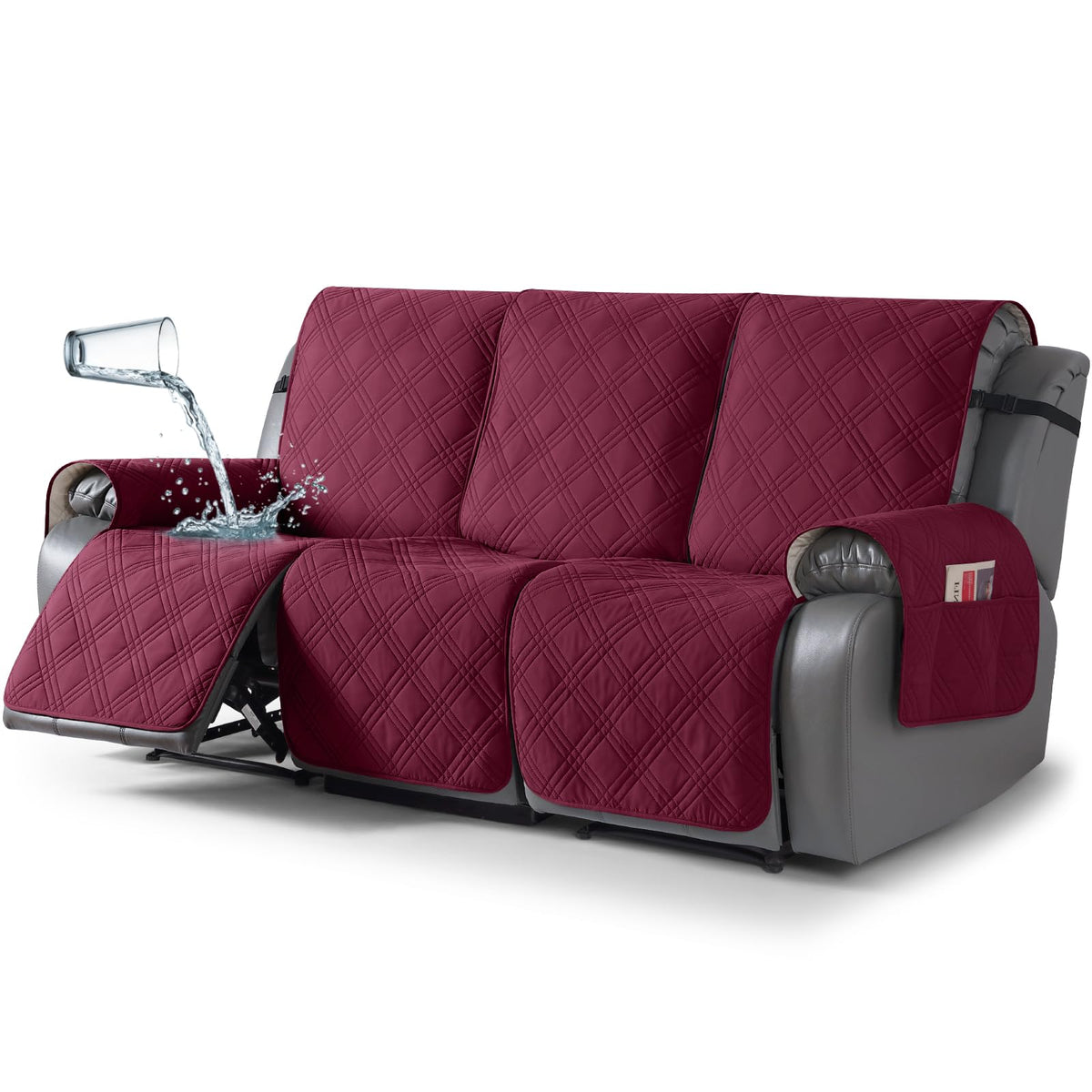 TAOCOCO 100% Waterproof Recliner Sofa Cover Non Slip Couch Cover for 3 Seat Reclining Sofa, Split Reclining Couch Covers 3-Piece with Straps, Washable Sofa Slipcover for Kids Pets(3 Seater, Chocolate)