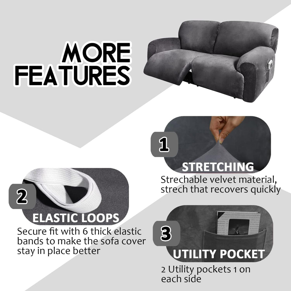 ULTICOR Extra Wide 75-100" 2 Seater Reclining Sofa Slipcover, Velvet Stretch 6-Piece, Soft Washable (Dark Grey)
