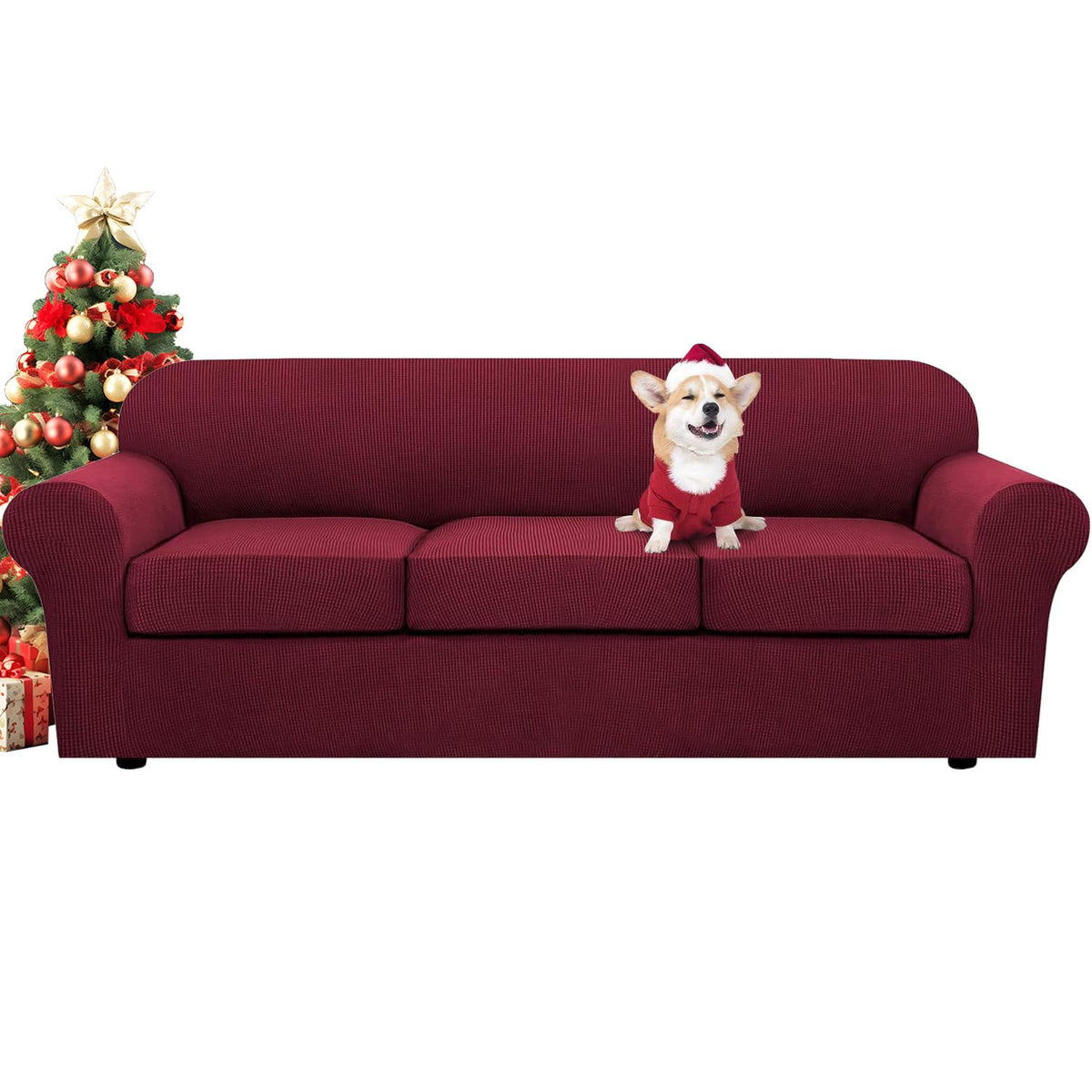 H.VERSAILTEX 4 Piece Stretch Sofa Covers for 3 Cushion Couch Covers for Living Room Slipcovers (Base Cover Plus 3 Seat Cushion Covers) Upgraded Thicker Jacquard Fabric (Sofa, Sand)