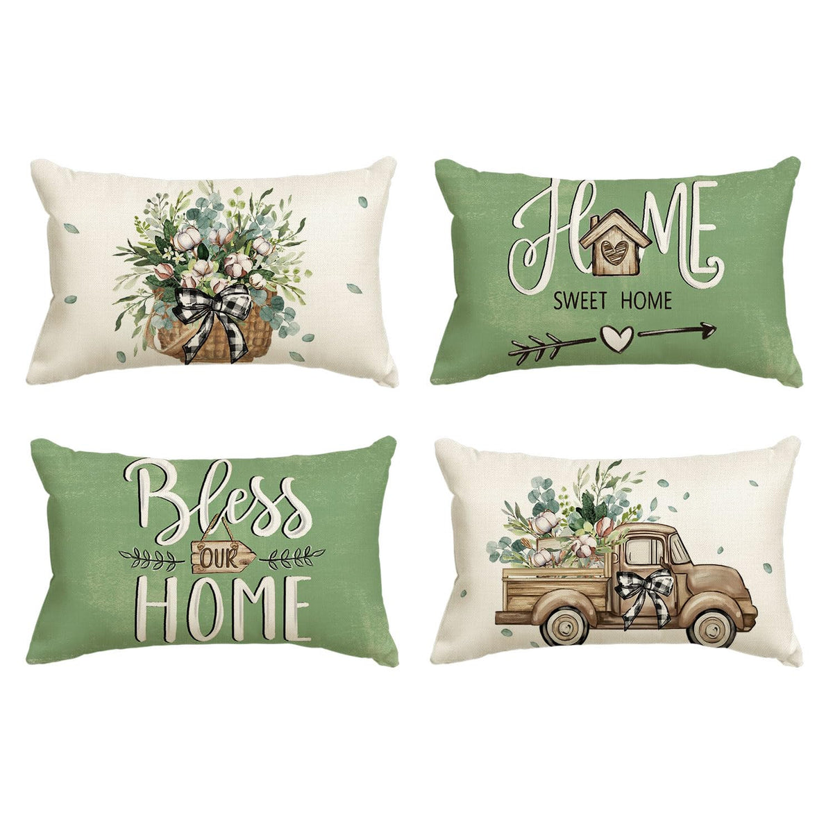 AVOIN colorlife Bless Our Home Eucalyptus Leaves Throw Pillow Covers, 18 x 18 Inch Spring Truck Cushion Case for Home Sofa Couch Set of 4