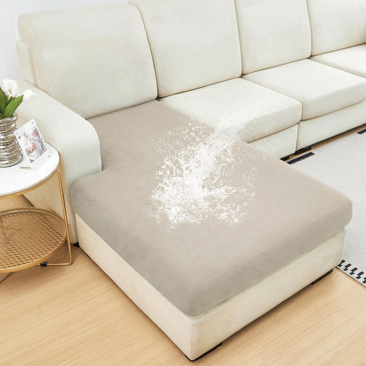 NAISI Waterproof Couch Cushion Covers Thick Velvet Fabric Washable Sofa Slipcovers Sectional Couch Covers for 4 Pieces Separate L Shape Couch Cover with Elastic Bottom(3 Seater + 1 Chaise,Grey)