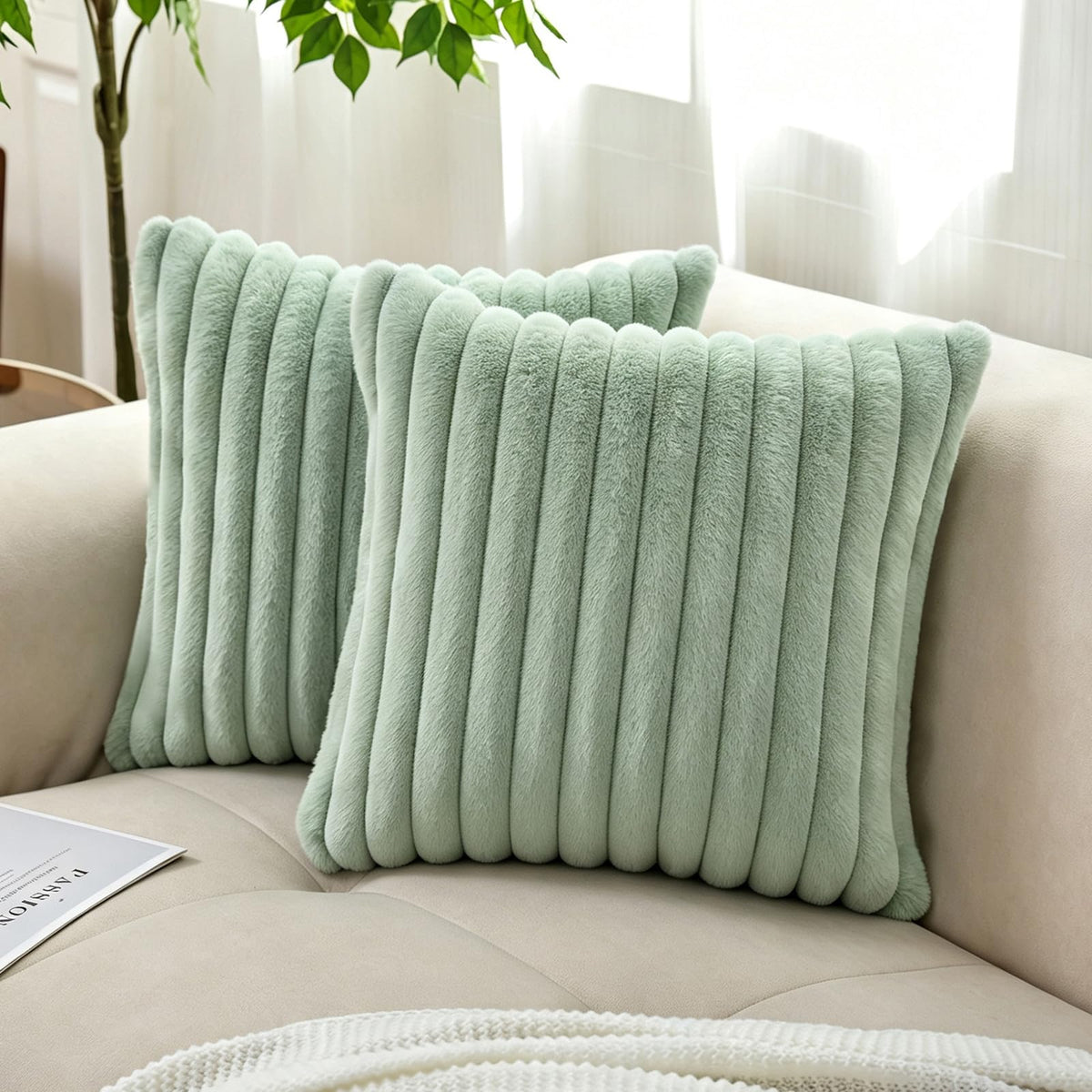 Pack of 2 Faux Fur Striped Decorative Throw Pillow Covers, Square Striped Cushion Covers, Modern Farmhouse Style Home Decor, Suitable for Living Room Sofas and Sofa Beds(Beige, 18" x 18")